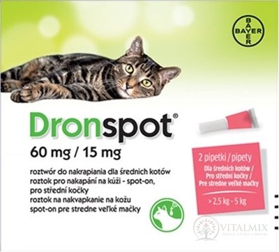 Dronspot 60 mg/15 mg spot-on (2 pipety) pre stredne veľké mačky (>2,5 - 5 kg) 2x0,7 ml
